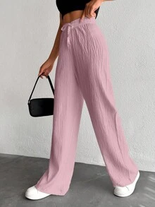 EURMUSE Women's Pure Cotton Small Size Solid Color Drawstring Long Waist Pants - Dusty Pink - View 4