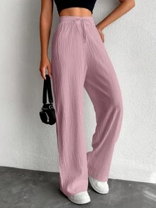EURMUSE Women's Pure Cotton Small Size Solid Color Drawstring Long Waist Pants - Dusty Pink - View 3