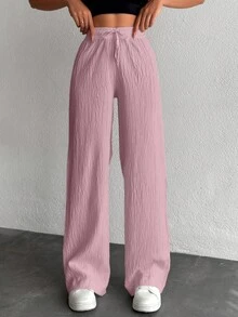 EURMUSE Women's Pure Cotton Small Size Solid Color Drawstring Long Waist Pants - Dusty Pink - View 7
