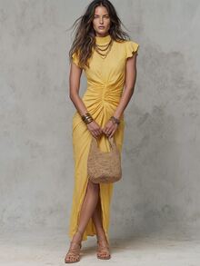 Solivie 女款夏季優雅純色立領抽褶腰長洋裝 職場穿搭黃色度假洋裝 - 淡黃色 - 查看 5