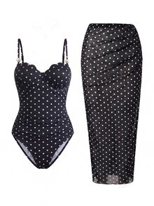 SHEIN Swim Spring/Summer Black & White Polka Dot Ribbed Fabric Shell Top With Adjustable Double Thin Straps, Fitted One-Piece With Side Waist Ruched Split Bodycon Skirt, High-End Fashion Women's Swimsuit 2-Piece Set - Black and White - View 4