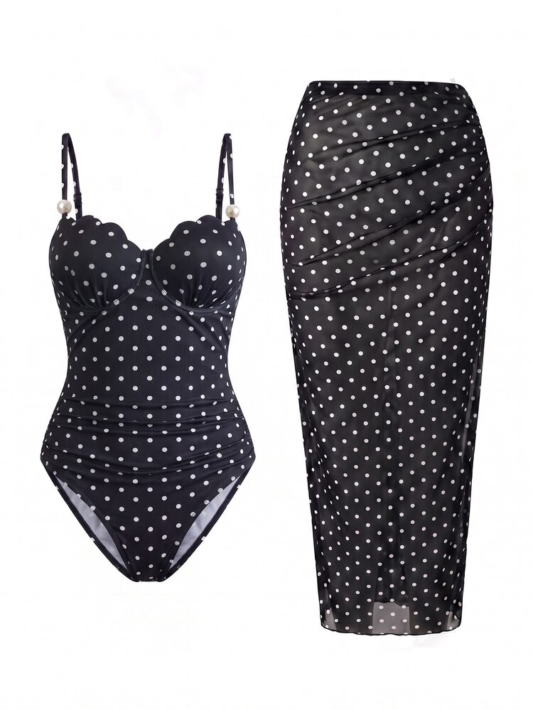 SHEIN Swim 春夏黑白波點羅紋布料貝殼上衣，可調節雙細肩帶，修身一體式側腰抓褶開衩緊身裙，高端時尚女款泳裝兩件套 - 黑與白 - 查看 4