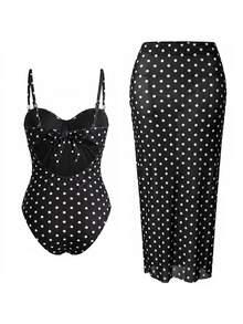 SHEIN Swim Spring/Summer Black & White Polka Dot Ribbed Fabric Shell Top With Adjustable Double Thin Straps, Fitted One-Piece With Side Waist Ruched Split Bodycon Skirt, High-End Fashion Women's Swimsuit 2-Piece Set - Black and White - View 2