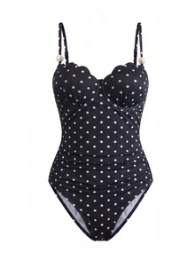 SHEIN Swim Spring/Summer Black & White Polka Dot Ribbed Fabric Shell Top With Adjustable Double Thin Straps, Fitted One-Piece With Side Waist Ruched Split Bodycon Skirt, High-End Fashion Women's Swimsuit 2-Piece Set - Black and White - View 5