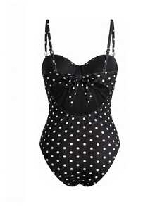 SHEIN Swim Spring/Summer Black & White Polka Dot Ribbed Fabric Shell Top With Adjustable Double Thin Straps, Fitted One-Piece With Side Waist Ruched Split Bodycon Skirt, High-End Fashion Women's Swimsuit 2-Piece Set - Black and White - View 6