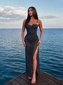 SHEIN Swim Spring/Summer Black & White Polka Dot Ribbed Fabric Shell Top With Adjustable Double Thin Straps, Fitted One-Piece With Side Waist Ruched Split Bodycon Skirt, High-End Fashion Women's Swimsuit 2-Piece Set - Black and White - View 3