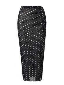 SHEIN Swim Spring/Summer Black & White Polka Dot Ribbed Fabric Shell Top With Adjustable Double Thin Straps, Fitted One-Piece With Side Waist Ruched Split Bodycon Skirt, High-End Fashion Women's Swimsuit 2-Piece Set - Black and White - View 7