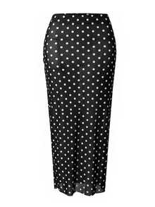 SHEIN Swim Spring/Summer Black & White Polka Dot Ribbed Fabric Shell Top With Adjustable Double Thin Straps, Fitted One-Piece With Side Waist Ruched Split Bodycon Skirt, High-End Fashion Women's Swimsuit 2-Piece Set - Black and White - View 8