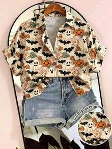 EMERY ROSE Women's Casual Shirt, Decorated With Skull And Ghost Patterns, Suitable For Halloween Parties. - Multicolor - View 1