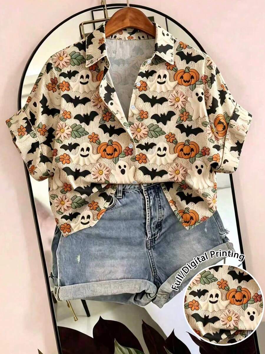 EMERY ROSE Women's Casual Shirt, Decorated With Skull And Ghost Patterns, Suitable For Halloween Parties. - Multicolor - View 1
