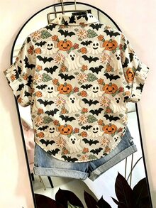 EMERY ROSE Women's Casual Shirt, Decorated With Skull And Ghost Patterns, Suitable For Halloween Parties. - Multicolor - View 2