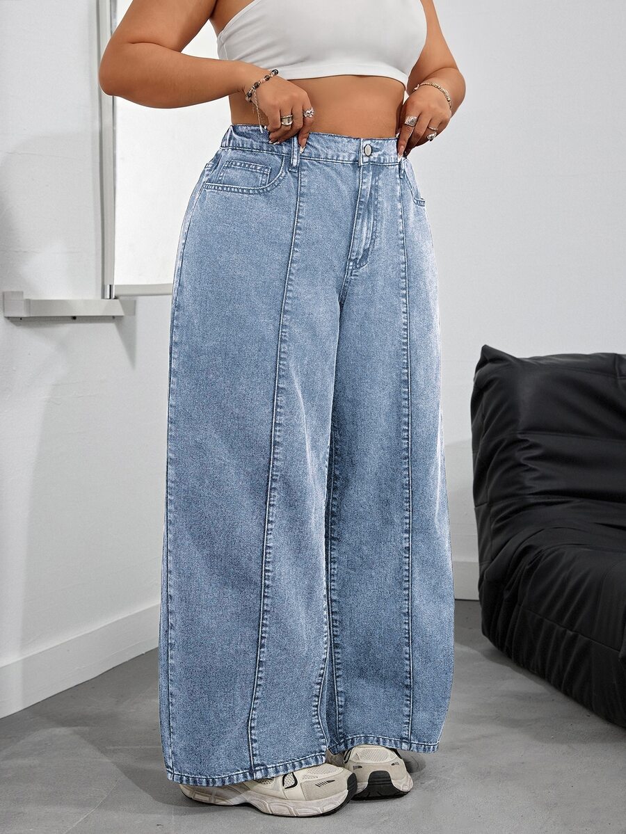 SHEIN EZwear 大码休闲水洗高腰阔腿牛仔裤 - 藍色 - 查看 1