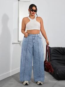 SHEIN EZwear 大码休闲水洗高腰阔腿牛仔裤 - 藍色 - 查看 6