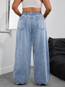 SHEIN EZwear 大码休闲水洗高腰阔腿牛仔裤 - 藍色 - 查看 2