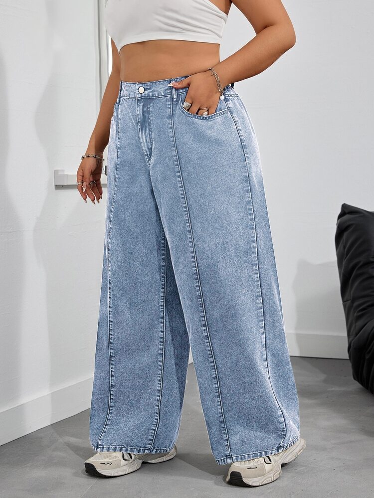 SHEIN EZwear Plus Size Casual Washed High Waist Wide Leg Jeans - Blue - View 5