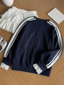 Dazy Plus Sweatshirt Anak Perempuan Gaya Baru Musim Semi/Musim Gugur dengan Motif Renda Kontras Warna dan Gaya Preppy Kasual Serbaguna - Navy Blue - View 6