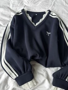 Dazy Plus Sweatshirt Anak Perempuan Gaya Baru Musim Semi/Musim Gugur dengan Motif Renda Kontras Warna dan Gaya Preppy Kasual Serbaguna - Navy Blue - View 7