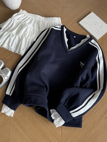 Dazy Plus Sweatshirt Anak Perempuan Gaya Baru Musim Semi/Musim Gugur dengan Motif Renda Kontras Warna dan Gaya Preppy Kasual Serbaguna - Navy Blue - View 1
