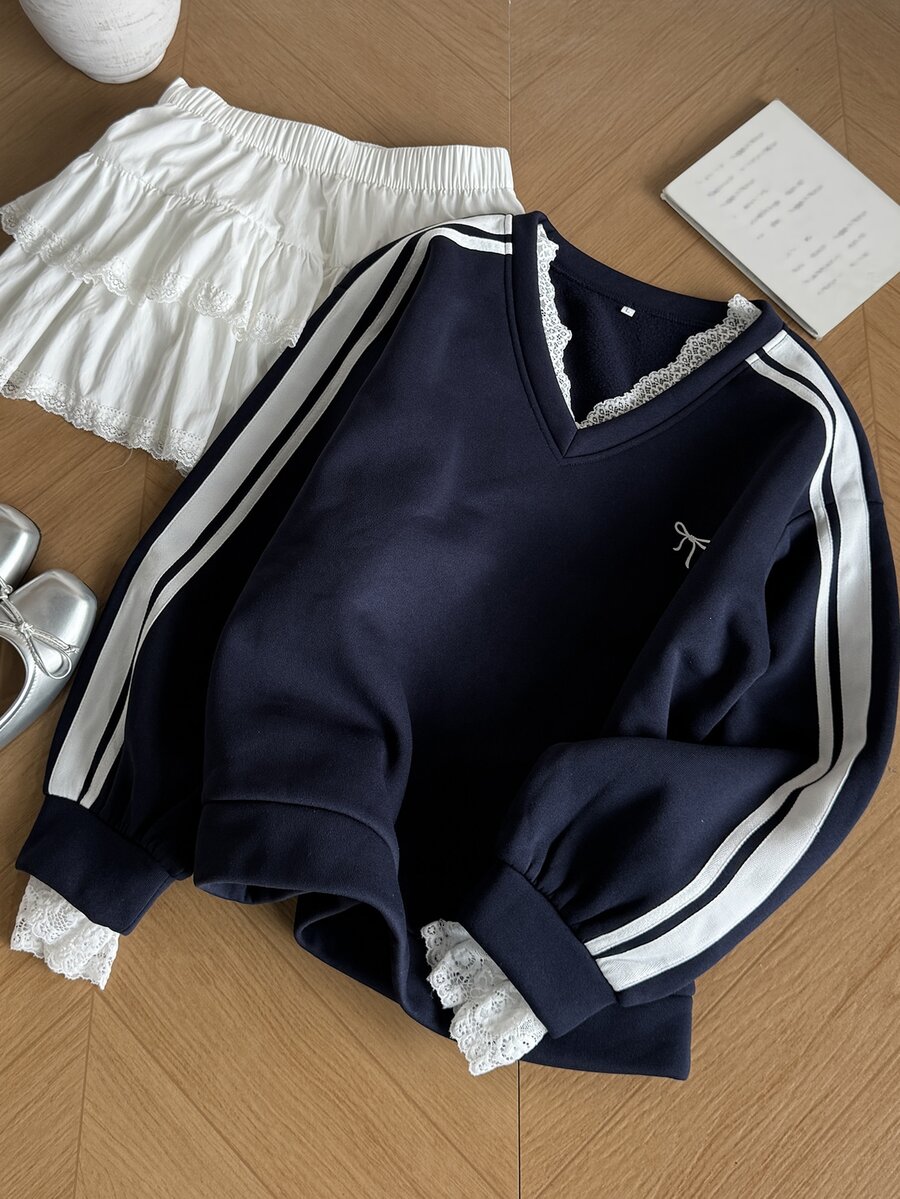 Dazy Plus Sweatshirt Anak Perempuan Gaya Baru Musim Semi/Musim Gugur dengan Motif Renda Kontras Warna dan Gaya Preppy Kasual Serbaguna - Navy Blue - View 1