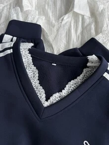 Dazy Plus Sweatshirt Anak Perempuan Gaya Baru Musim Semi/Musim Gugur dengan Motif Renda Kontras Warna dan Gaya Preppy Kasual Serbaguna - Navy Blue - View 4