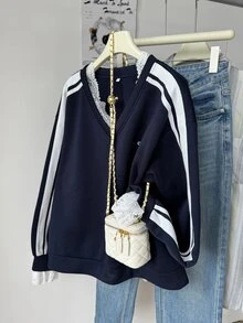 Dazy Plus Sweatshirt Anak Perempuan Gaya Baru Musim Semi/Musim Gugur dengan Motif Renda Kontras Warna dan Gaya Preppy Kasual Serbaguna - Navy Blue - View 5