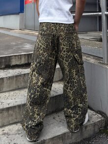 Manfinity EMRG 男士街頭風休閒多口袋豹紋牛仔工裝長褲 - 彩色 - 查看 2