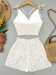 SHEIN Franclia Women's Floral Pattern Ruffle Shoulder Knot Tank Top And Shorts Casual Set - Apricot - View 2