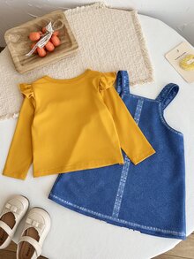 SHEIN 女嬰針織純色圓領荷葉邊休閒T恤與吊帶裙2件套 - 彩色 - 查看 2