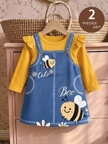 SHEIN 女嬰針織純色圓領荷葉邊休閒T恤與吊帶裙2件套 - 彩色 - 查看 5