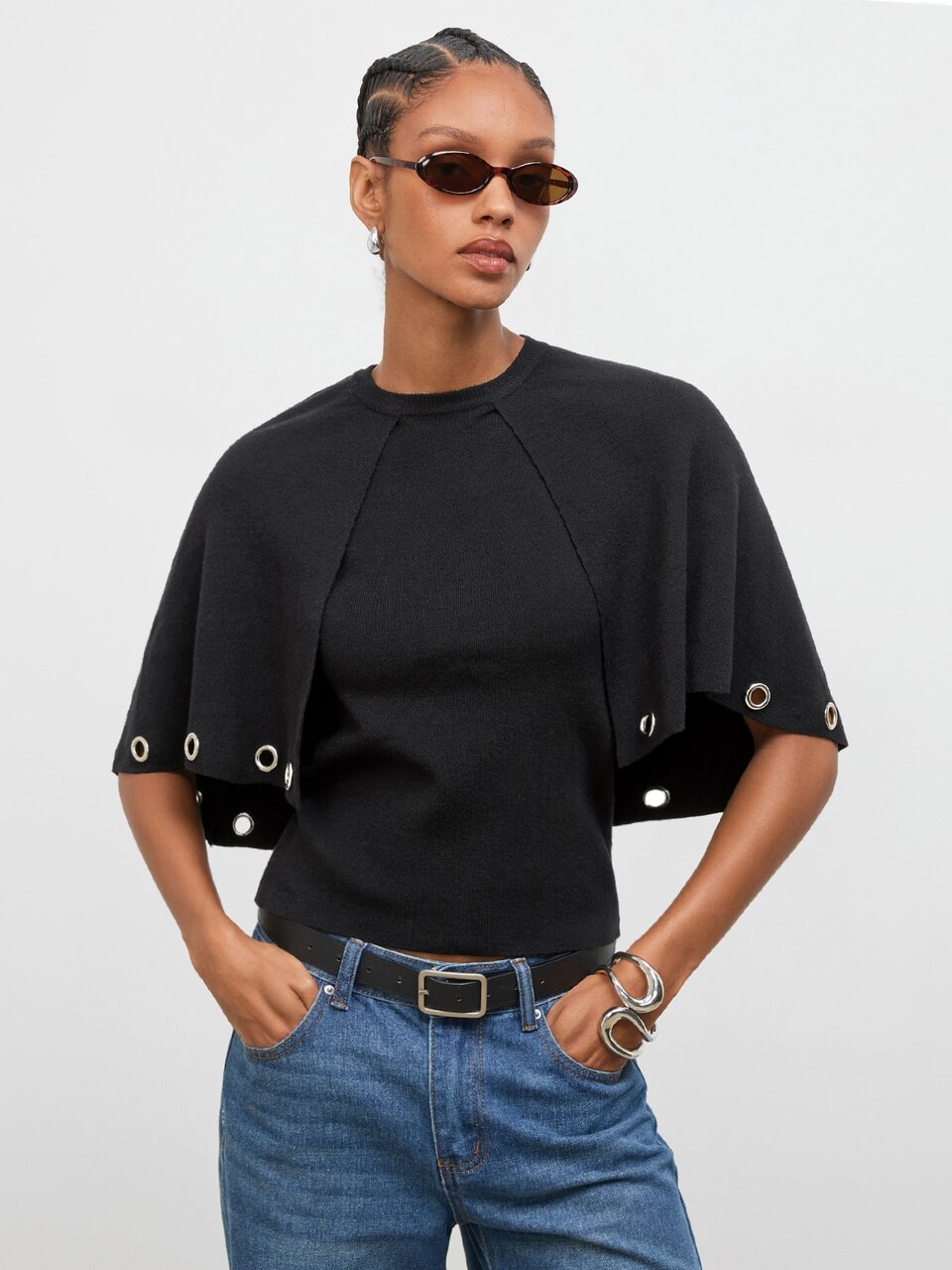 SHEIN Maija Black Shawl Collar Women's Knit Top With Metal Eyelet Decor Summer/ Y2k Street Elegant Halloween Festival Party Everyday Day Time Going Out