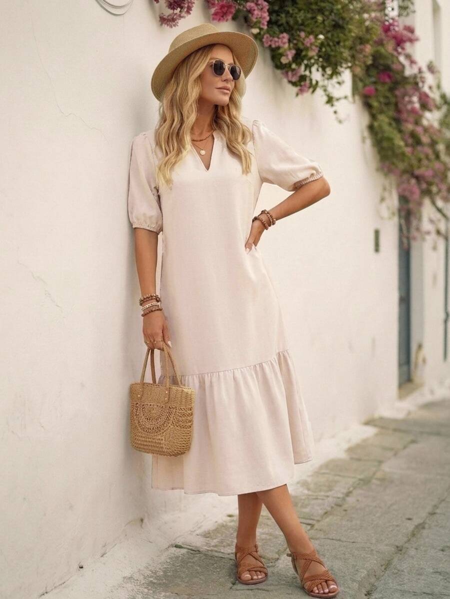 EMERY ROSE Beige Women's V-Neck Ruffle Hem Short Sleeve Dress Vacation Summer Boho - Khaki - View 1