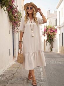 EMERY ROSE Beige Women's V-Neck Ruffle Hem Short Sleeve Dress Vacation Summer Boho - Khaki - View 6
