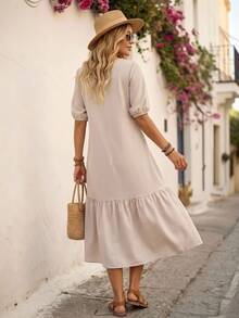 EMERY ROSE Beige Women's V-Neck Ruffle Hem Short Sleeve Dress Vacation Summer Boho - Khaki - View 7