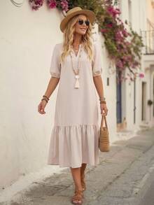 EMERY ROSE Beige Women's V-Neck Ruffle Hem Short Sleeve Dress Vacation Summer Boho - Khaki - View 4