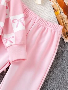 Elladie kids 幼童女童甜美蝴蝶結棋盤格短版上衣與蝴蝶結圖案喇叭褲 2件式時尚休閒套裝上學穿搭 - 粉色 - 查看 7