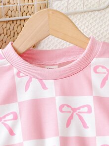 Elladie kids 幼童女童甜美蝴蝶結棋盤格短版上衣與蝴蝶結圖案喇叭褲 2件式時尚休閒套裝上學穿搭 - 粉色 - 查看 5