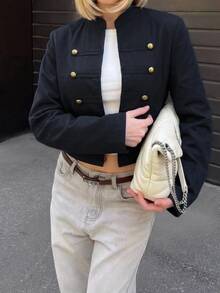 Aloruh 女款優雅休閒通勤復古老錢風拿破崙夾克海軍藍長袖外套秋季 - 藍色 - 查看 6