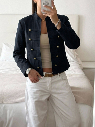 Aloruh Women's Elegant Casual Commute Vintage Old Money Style Napoleon Jacket Navy Blue Long Sleeve Coat Autumn