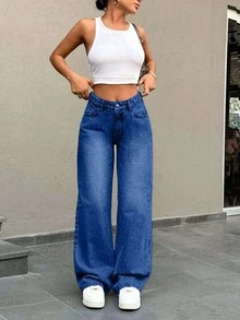 EURMUSE Low Waist Button Detailed Snow Wash Straight Cut Jean - Blue - View 9