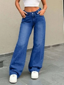 EURMUSE Low Waist Button Detailed Snow Wash Straight Cut Jean - Blue - View 6