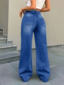 EURMUSE Low Waist Button Detailed Snow Wash Straight Cut Jean - Blue - View 8