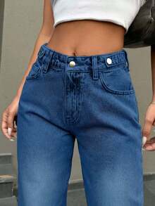EURMUSE Low Waist Button Detailed Snow Wash Straight Cut Jean - Royal Blue - View 5