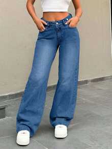 EURMUSE Low Waist Button Detailed Snow Wash Straight Cut Jean - Royal Blue - View 6