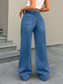 EURMUSE Low Waist Button Detailed Snow Wash Straight Cut Jean - Royal Blue - View 2