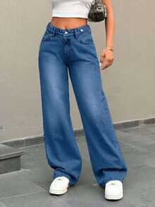 EURMUSE Low Waist Button Detailed Snow Wash Straight Cut Jean - Royal Blue - View 4