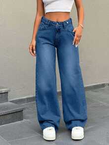 EURMUSE Low Waist Button Detailed Snow Wash Straight Cut Jean - Royal Blue - View 7