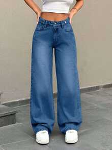 EURMUSE Low Waist Button Detailed Snow Wash Straight Cut Jean - Royal Blue - View 9