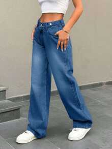 EURMUSE Low Waist Button Detailed Snow Wash Straight Cut Jean - Royal Blue - View 3