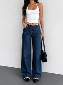 SHEIN PETITE Petite Low Waist Frayed Belt Straight Jean - Dark Wash - View 1
