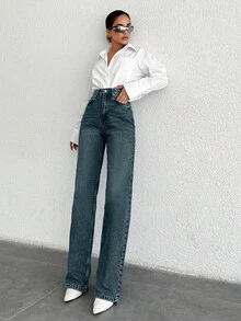 SHEIN Tall Tall High Waist Casual Straight Jean - Dusty Blue - View 5
